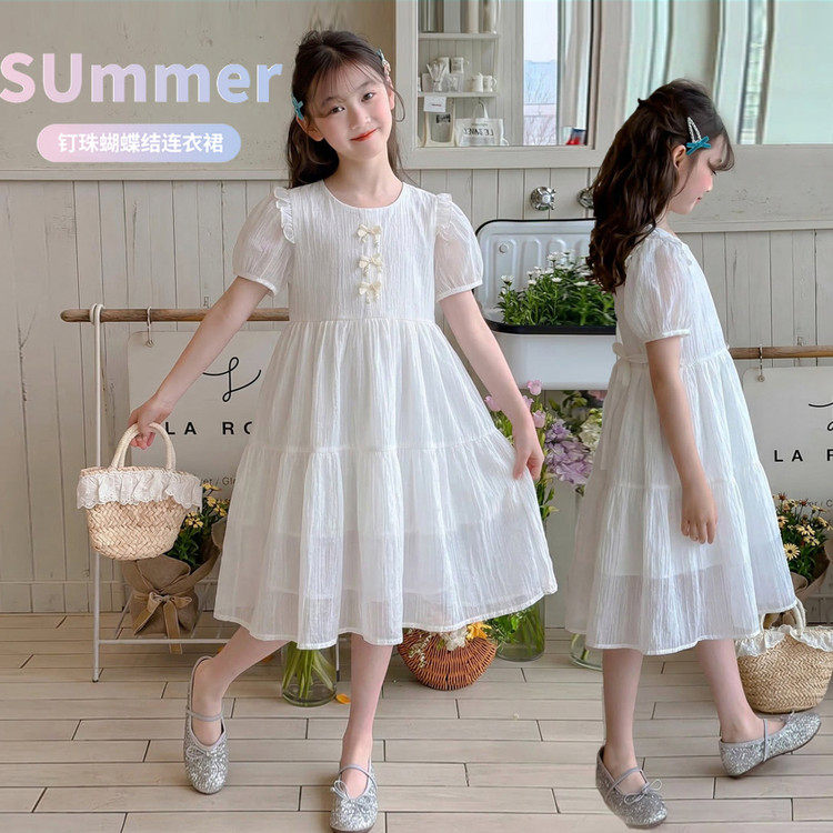 2026女童甜美泡泡袖连衣裙夏季白色蝴蝶结公主裙中长裙高级感