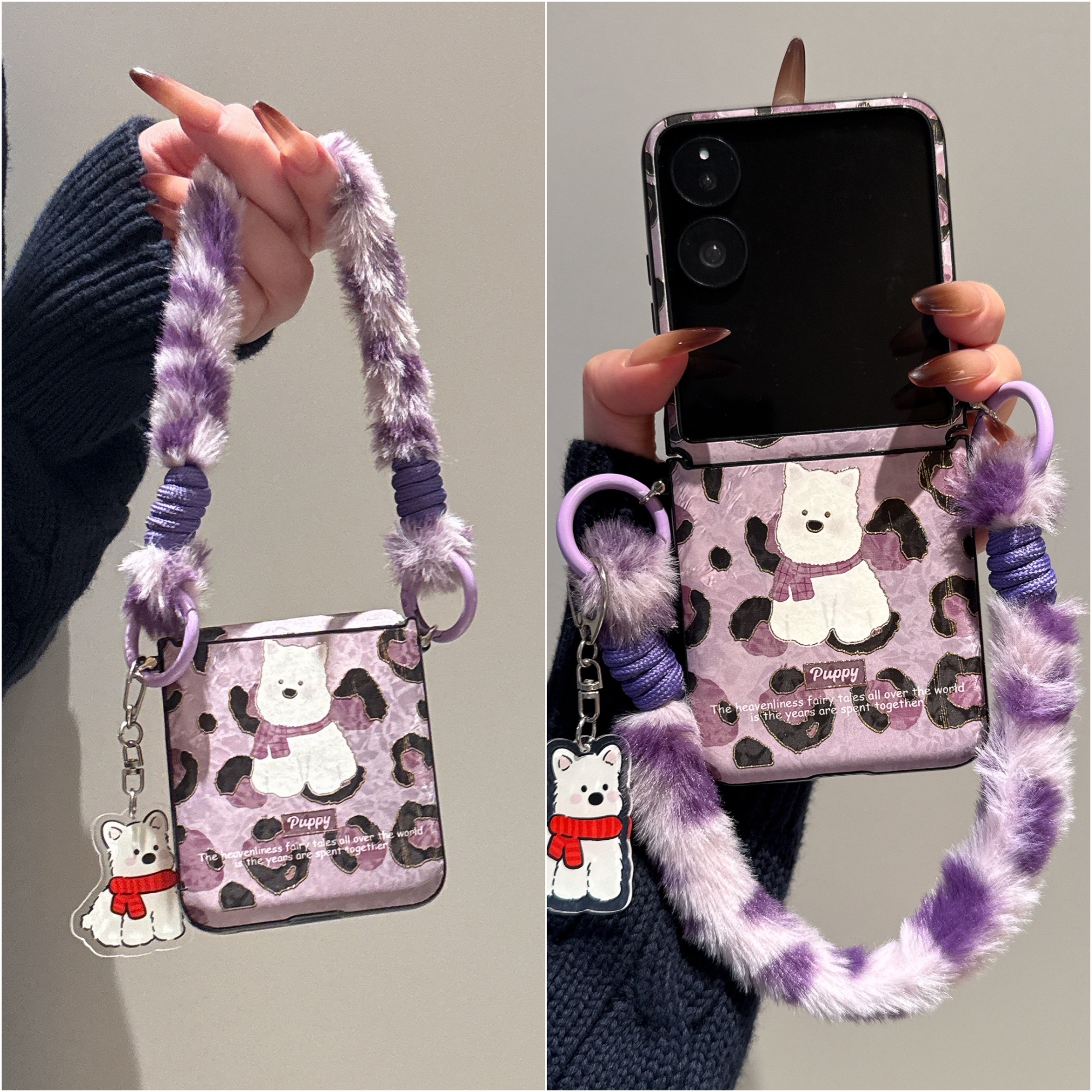 适用华为PuraX折叠屏手机壳小米MixFlip2壳膜一体卡通荣耀MagicVFlip2毛绒手提三星zflip7西高地6斜跨绳FE