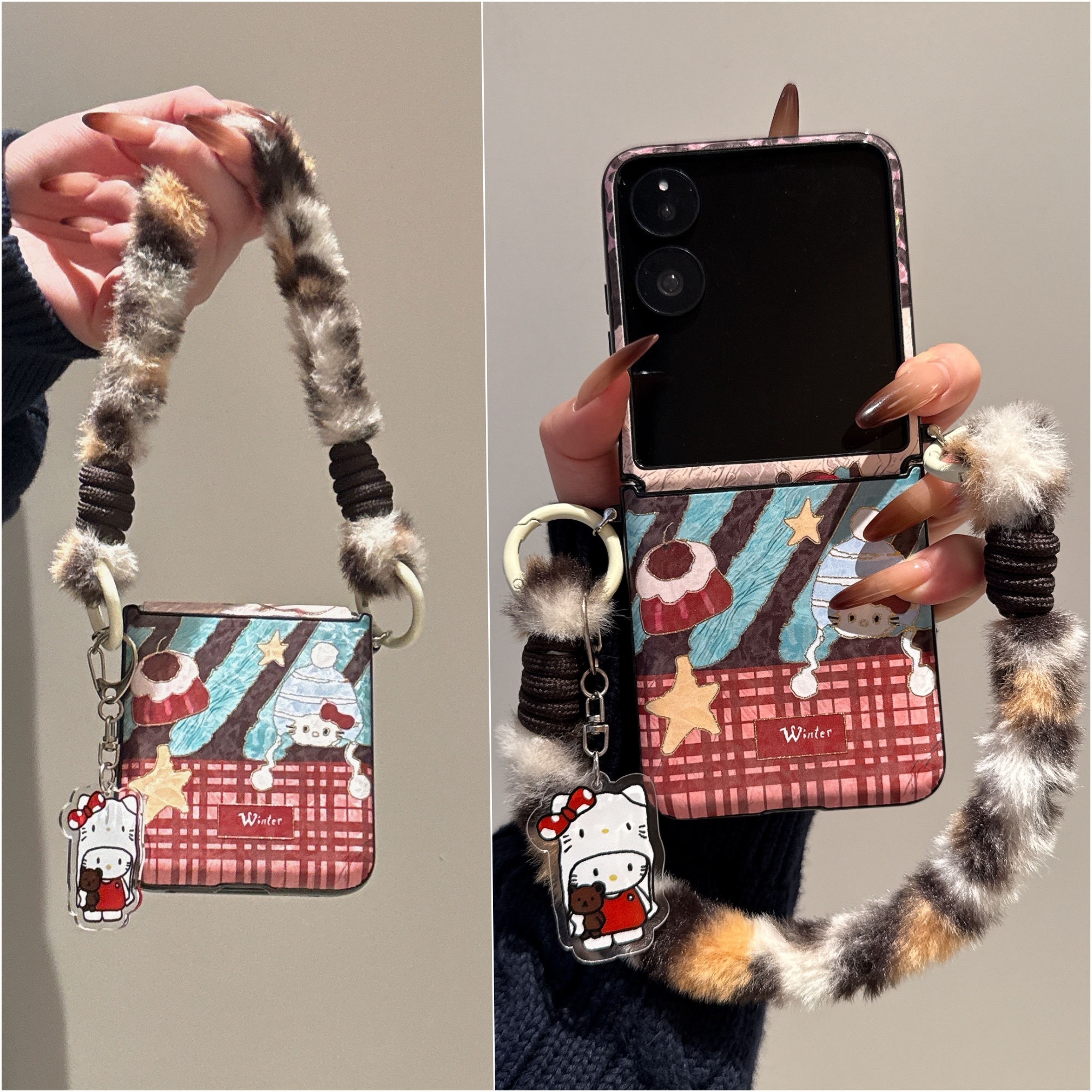 适用华为PuraX折叠屏手机壳小米MixFlip2壳膜一体荣耀MagicVFlip2毛绒手提三星zflip7卡通凯蒂猫6斜跨绳FE女5