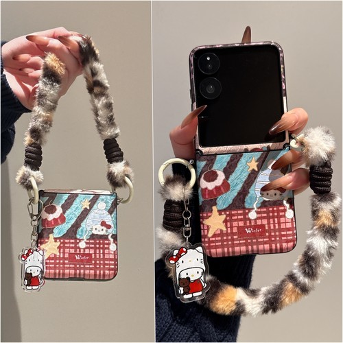 适用华为PuraX折叠屏手机壳小米MixFlip2壳膜一体荣耀MagicVFlip2毛绒手提三星zflip7卡通凯蒂猫6斜跨绳FE女5