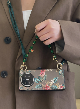 新中式花朵适用华为MateX5折叠屏手机壳matex6皮纹x3硬壳ALT-AL10典藏版PKH110丝巾手绳OPPOFindN5/N3斜跨链