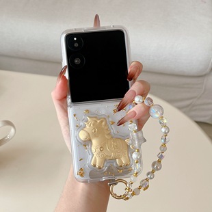 适用华为PuraX折叠屏手机壳小米MixFlip2壳膜一体荣耀MagicVFlip2摩托罗拉50三星zflip7金箔发财60Ultra手链