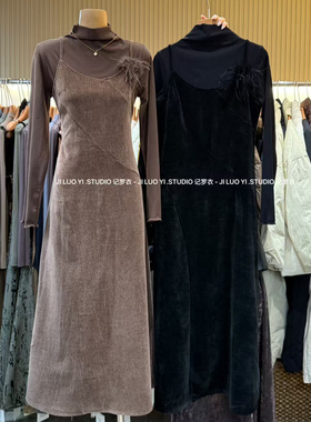 冬上新丝绒吊带长款修身连衣裙(配毛球)10221（不配打底）