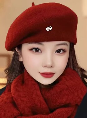 韩版气质保暖红色贝雷帽子女款冬季毛呢时尚好看定型显脸小画家帽