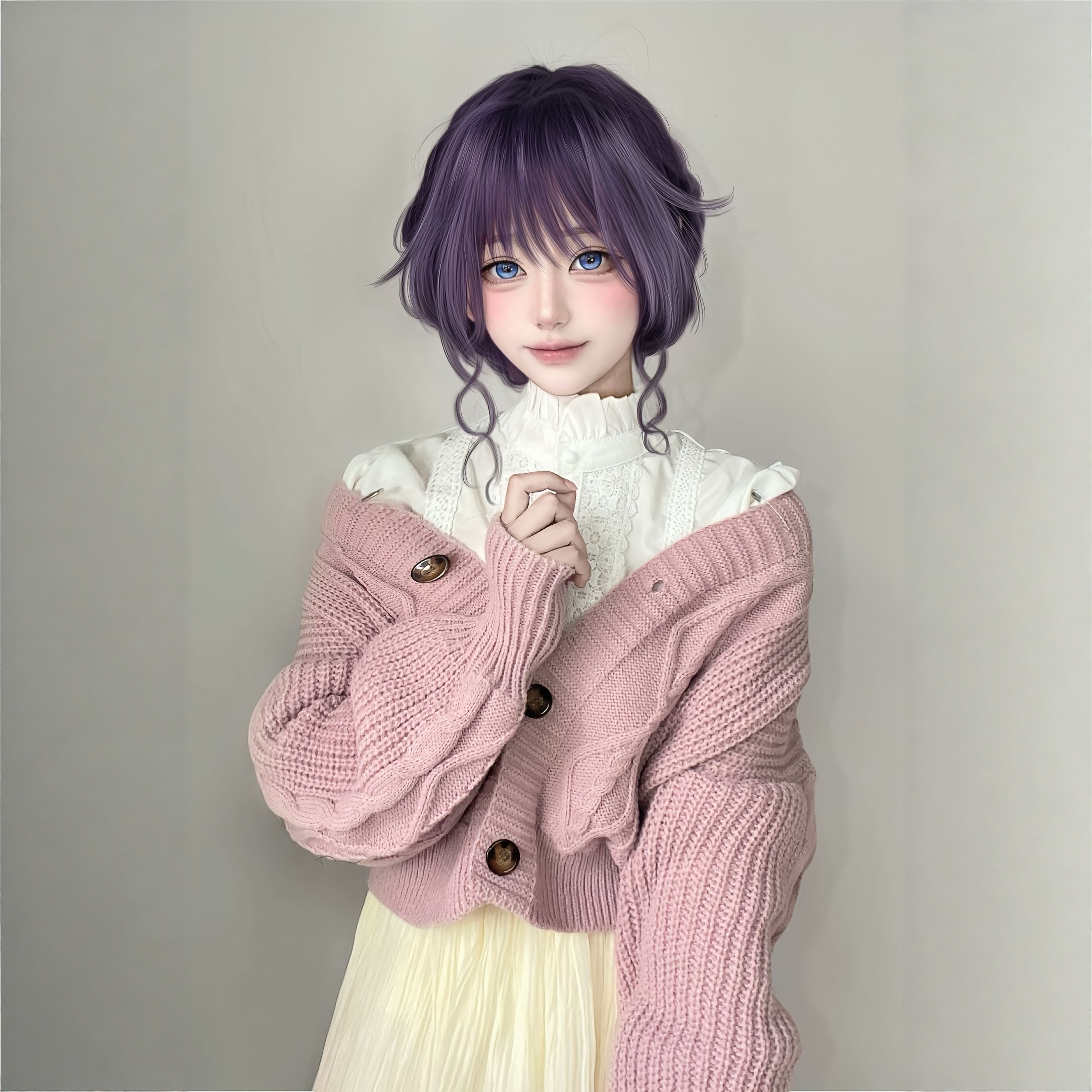 和栗薰子cos卷发粉色毛衣衬衫渐变半身裙熏香花凛然绽放二次元