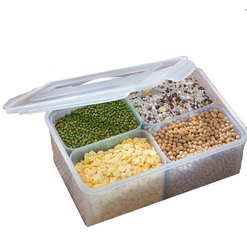 4L厨房手提五谷杂粮密封罐四分格保鲜盒塑料冰箱收纳盒干货