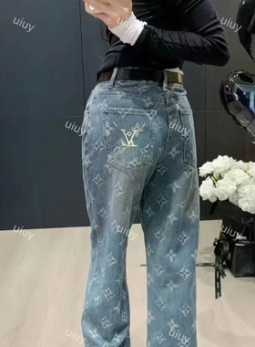 高级感暗花字母阔腿裤25提花满印牛仔裤女宽松直筒裤拖地裤长裤潮