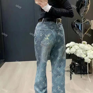 高级感暗花字母阔腿裤25提花满印牛仔裤女宽松直筒裤拖地裤长裤潮