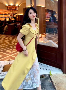 鲸鱼原创自制复古甜美设计感不规则拼接蕾丝气质荷叶领黄色连衣裙