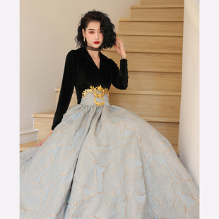 主持人礼服女高端大气艺考黑色长款2025新款秋冬季宴会演出晚礼服