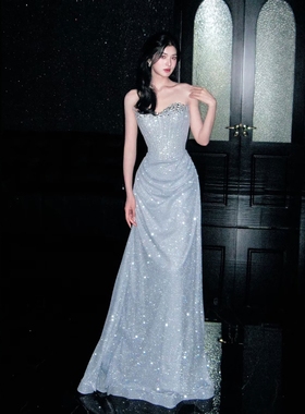 抹胸晚礼服2025新款蓝色重工闪闪高级感成人礼年会艺考礼服敬酒服