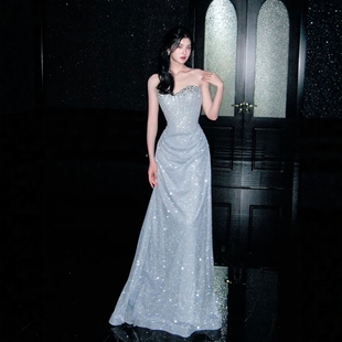 抹胸晚礼服2025新款蓝色重工闪闪高级感成人礼年会艺考礼服敬酒服