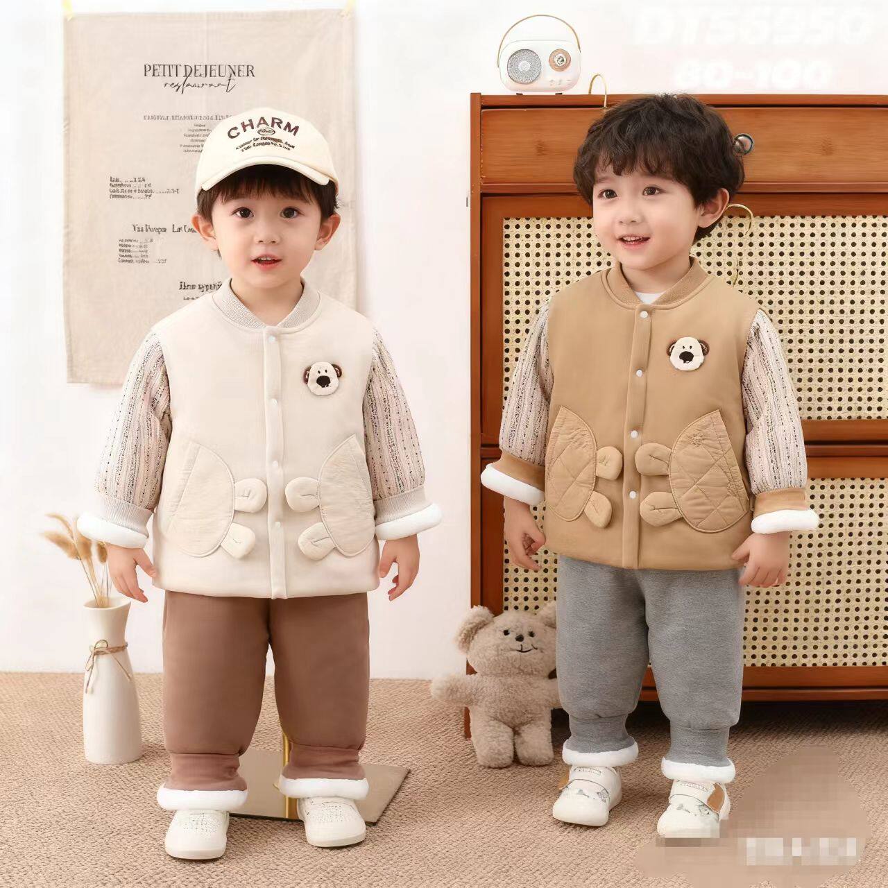 男宝宝衣服秋冬婴幼儿加厚棉衣套装冬季加绒保暖外出时尚休闲衣服