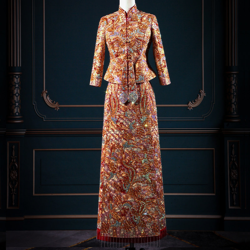 新娘秀禾服2023年新款龙凤褂盘金大五福中式礼服凤冠霞帔古装褂皇