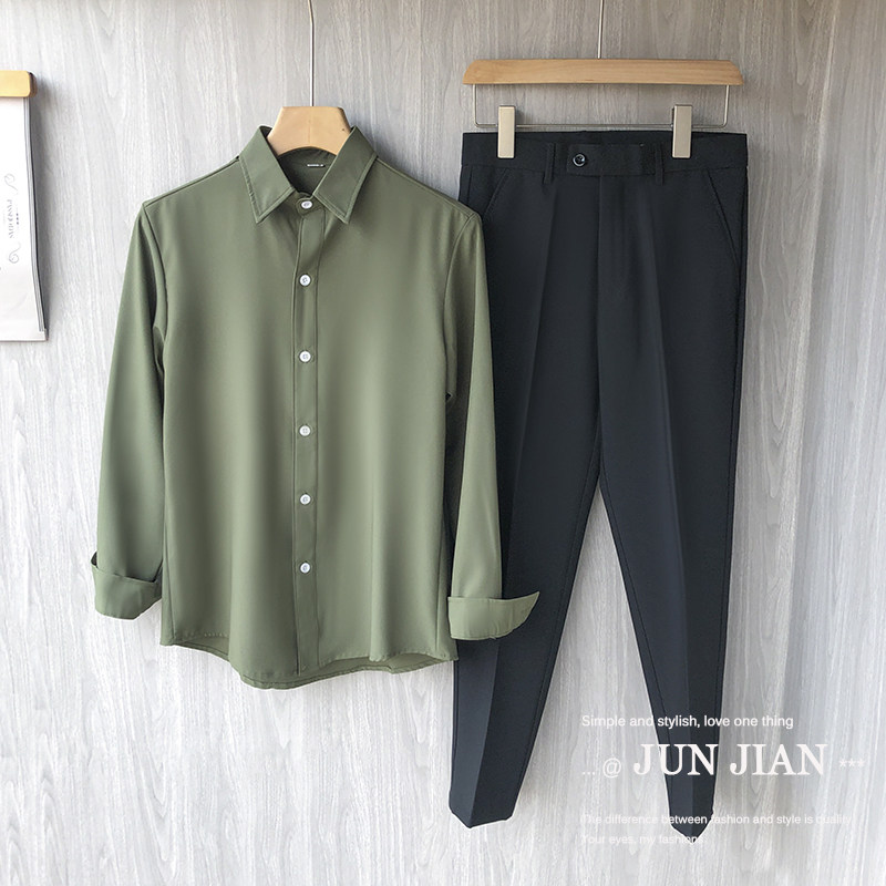 网红高端白衬衫黑西裤套装男秋高中生复古学院风时尚婚礼服职业装