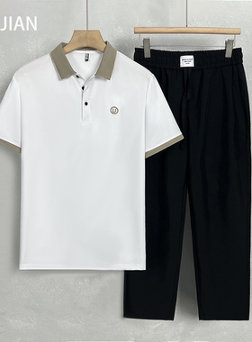 轻奢polo衫男白色短袖男高级感黑色九分裤套装青年休闲潮牌小西裤