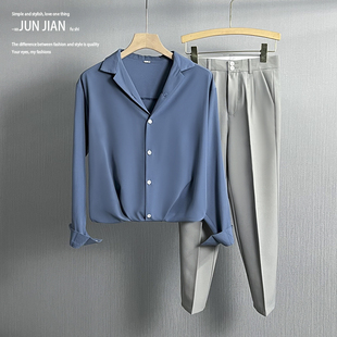 韩版 工装 黑西裤 休闲青年西服套装 职业西装 男高级感理肌冰丝蓝衬衫