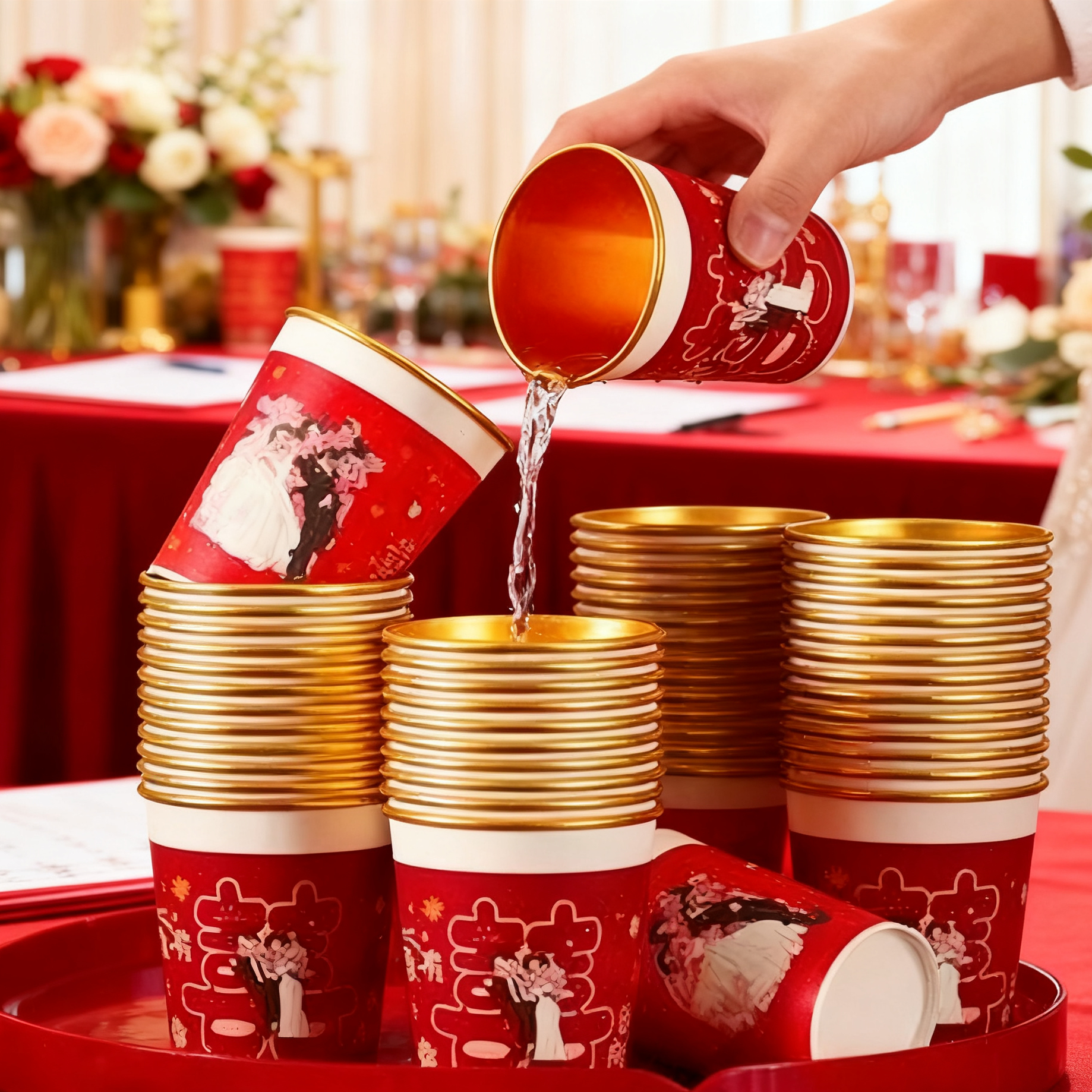 结婚一次性卡通金箔纸杯喜字水杯
