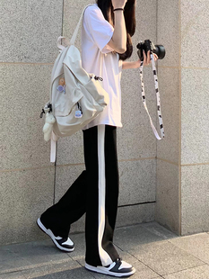 侧白边休闲运动裤女2024新款春秋季百搭学生裤子直筒裤黑色阔腿裤