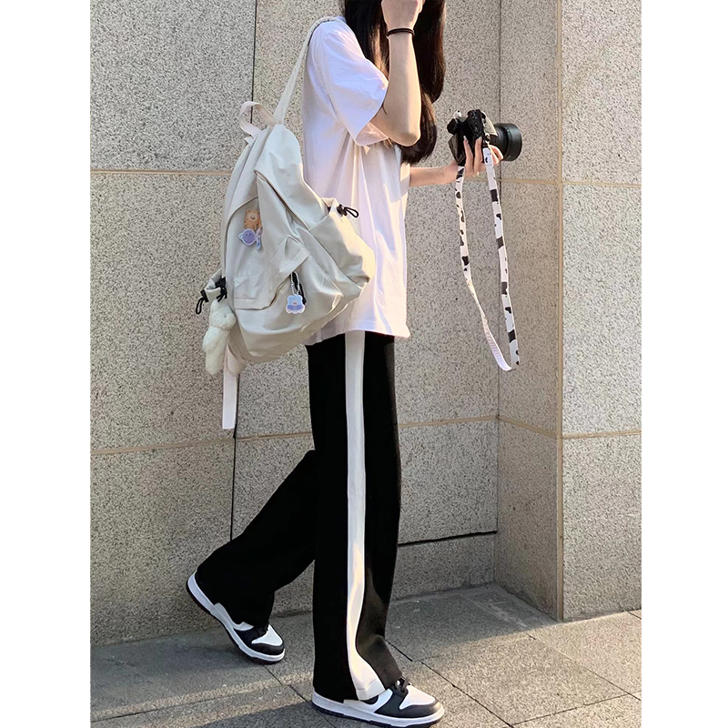 白条休闲运动裤女春秋季学生裤子高街直筒裤黑色抽绳窄版阔腿长裤怎么样,好用不?