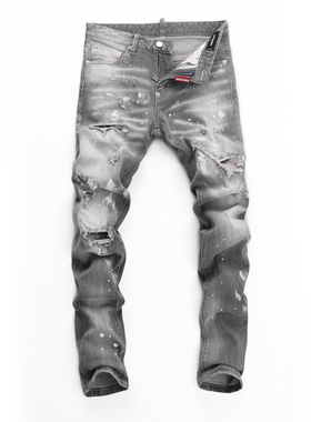 欧美街头潮牌春季新款烟灰色泼墨破洞牛仔裤男弹力修身显瘦小脚裤