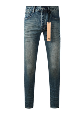 KSU JEANS 美式潮牌新款 深蓝色磨白做旧水洗弹力修身小脚牛仔裤