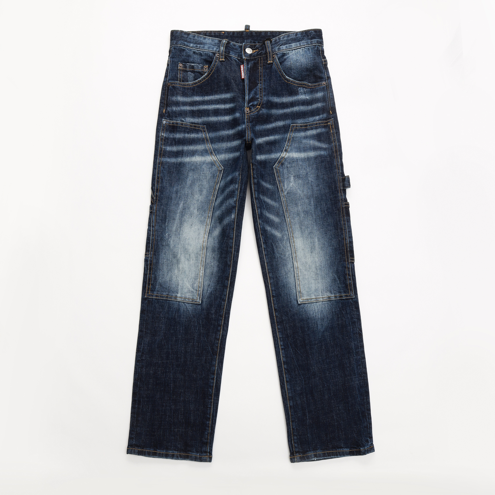 D2 JEANS欧洲站新款蓝色磨白水洗拼接贴布工装口袋宽松直筒牛仔裤
