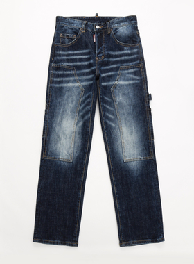 D2 JEANS欧洲站新款蓝色磨白水洗拼接贴布工装口袋宽松直筒牛仔裤