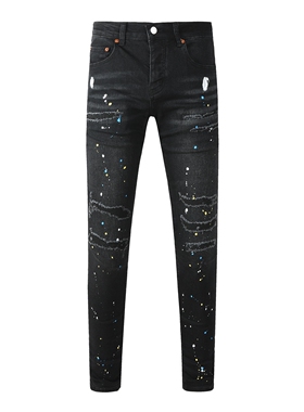 PUR JEANS 美式潮牌新款黑色泼墨涂鸦刮烂破坏补丁弹力修身牛仔裤