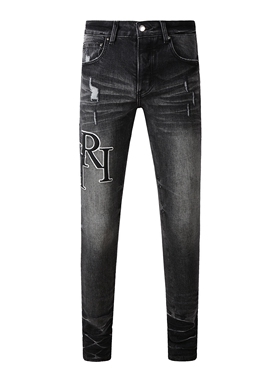 美式高街潮牌AMR新款黑色磨白破洞牛仔裤LOGO拼皮贴布修身小脚裤