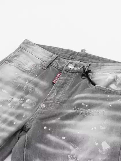 European and American Street Fashion Brand Spring New Smoky Gray Splatter Ripped Jeans for Men, Stretchy Slim-Fit Skinny Pants