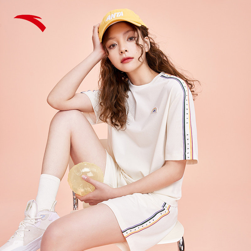 安踏彩虹运动套装女夏季短袖2025新款圆领短裤宽松T恤女休闲套装