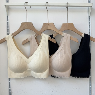 古妃云感提花蕾丝固定杯无钢圈美背内衣女小胸聚拢无痕文胸背心式