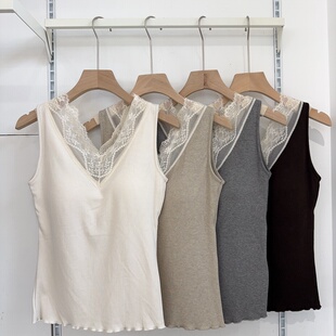 古妃2025秋冬蕾丝拼接保暖背心带胸垫吊带磨毛加厚发热打底内衣