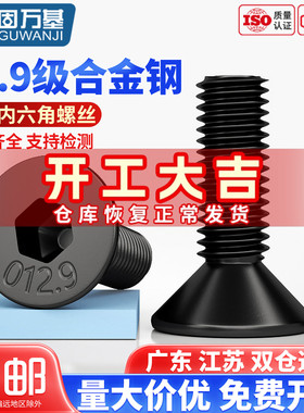 12.9级高强度沉头内六角螺丝钉平头六角螺栓螺钉M2M3M4M5M6M8-M12