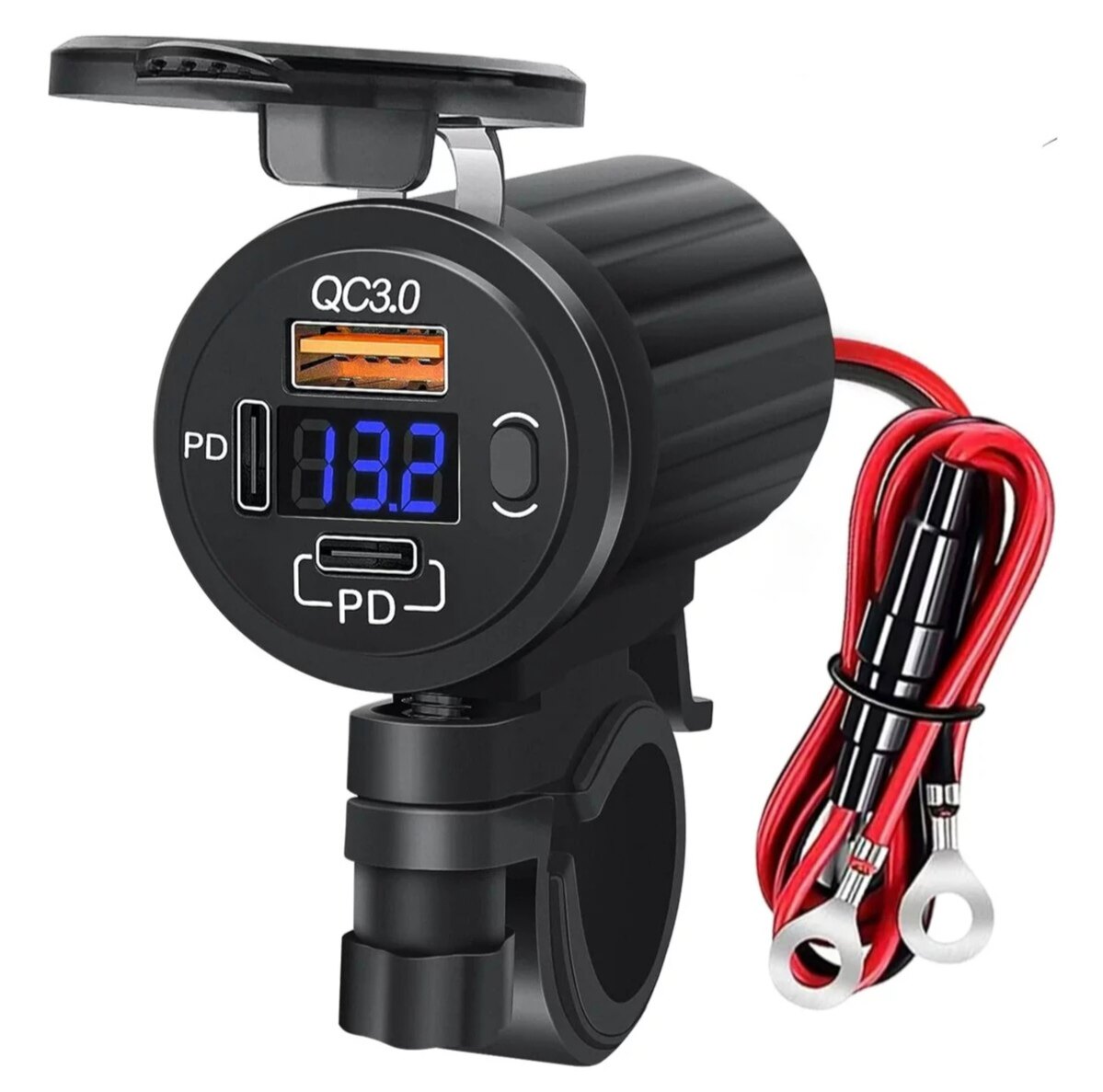 新款摩托车车载充电器PD+QC3.0车充带电压显示带开关车充支架款