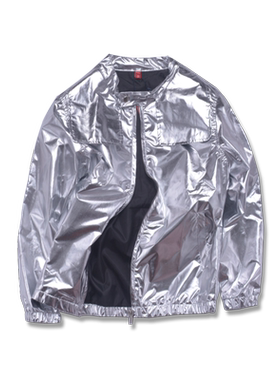 潮男大码男装亮银夹克外套 亮黑色裤子套装服班服街舞团购定制服