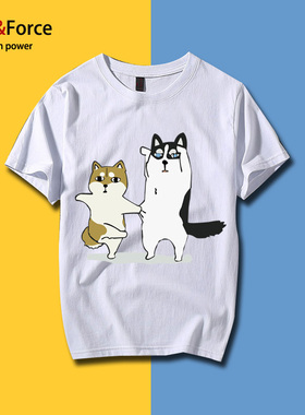 Ares＆Force夏季男士短袖t恤圆宽松衣服肥佬大码男女情侣狗狗图案