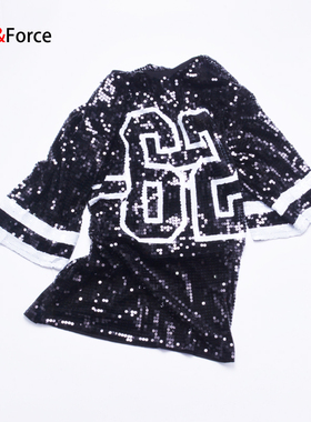 新款DS男女款爵士舞服现代舞亮片街舞字母宽松大码舞蹈服演出服装