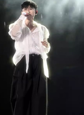 张杰明星同款白色雪纺长袖衬衫休闲宽松透气男女手工订珍珠高级感