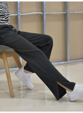 黑色侧开叉裤男女春秋季大码高腰宽松垂感小个子阔腿拖地休闲裤