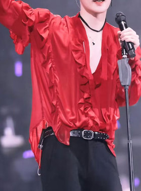 明星同款多巴胺红色衬衫男长袖女款宽松情侣装街舞团队定制演出服