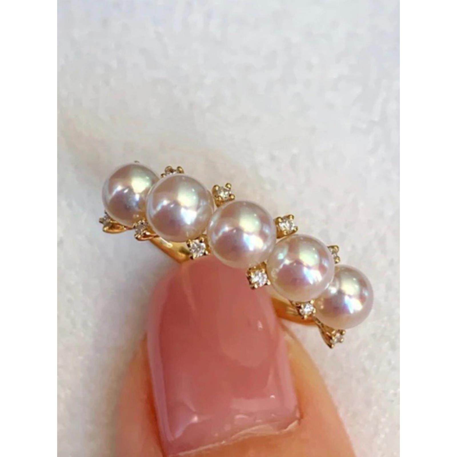 18K金钻石4-5mm海水珍珠戒指配件转运五珠多珠圆形裸珠指环空托