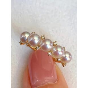 18K金钻石4-5mm海水珍珠戒指配件转运五珠多珠圆形裸珠指环空托