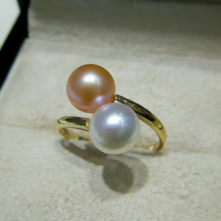 18K金8-10mm海水珍珠双珠戒指