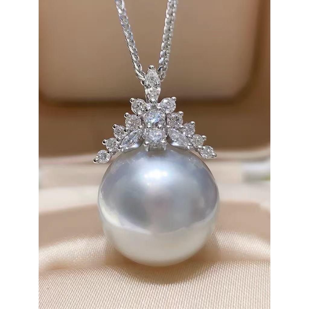 铂金PT900锆石13-14mm海水珍珠吊坠配件仙气飘飘冰雪女王挂件空托