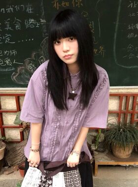 超好看短袖衬衫女款夏季设计感小众穿搭上衣宽松显瘦紫色半袖衬衣