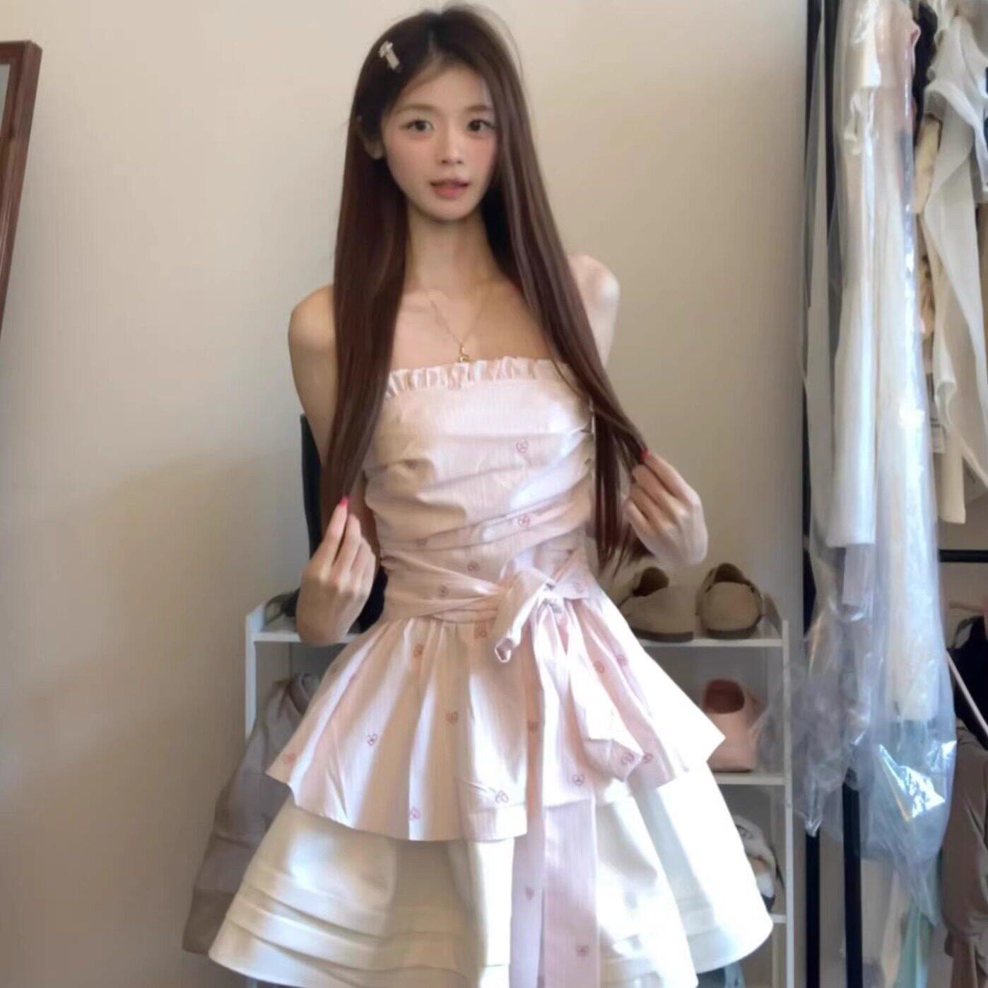 法式甜美粉色抹胸套装女