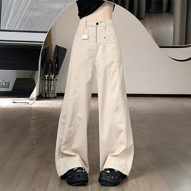 美式米杏色阔腿工装裤女春季新款胖妹妹mm高腰显瘦宽松休闲直筒裤