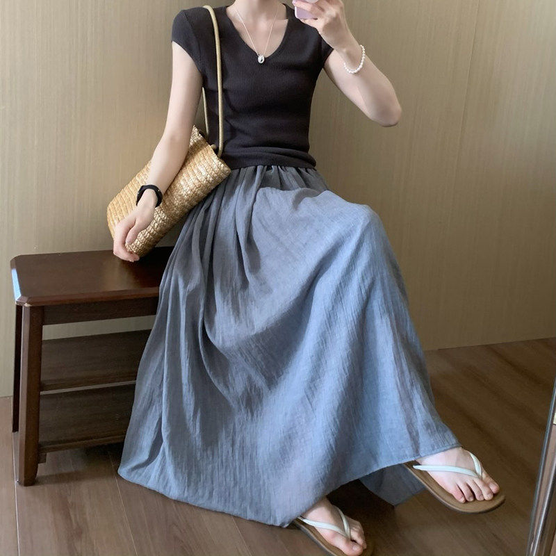 话里高腰显瘦棉麻简约半身裙2026夏季新款韩版休闲直筒伞裙长裙女